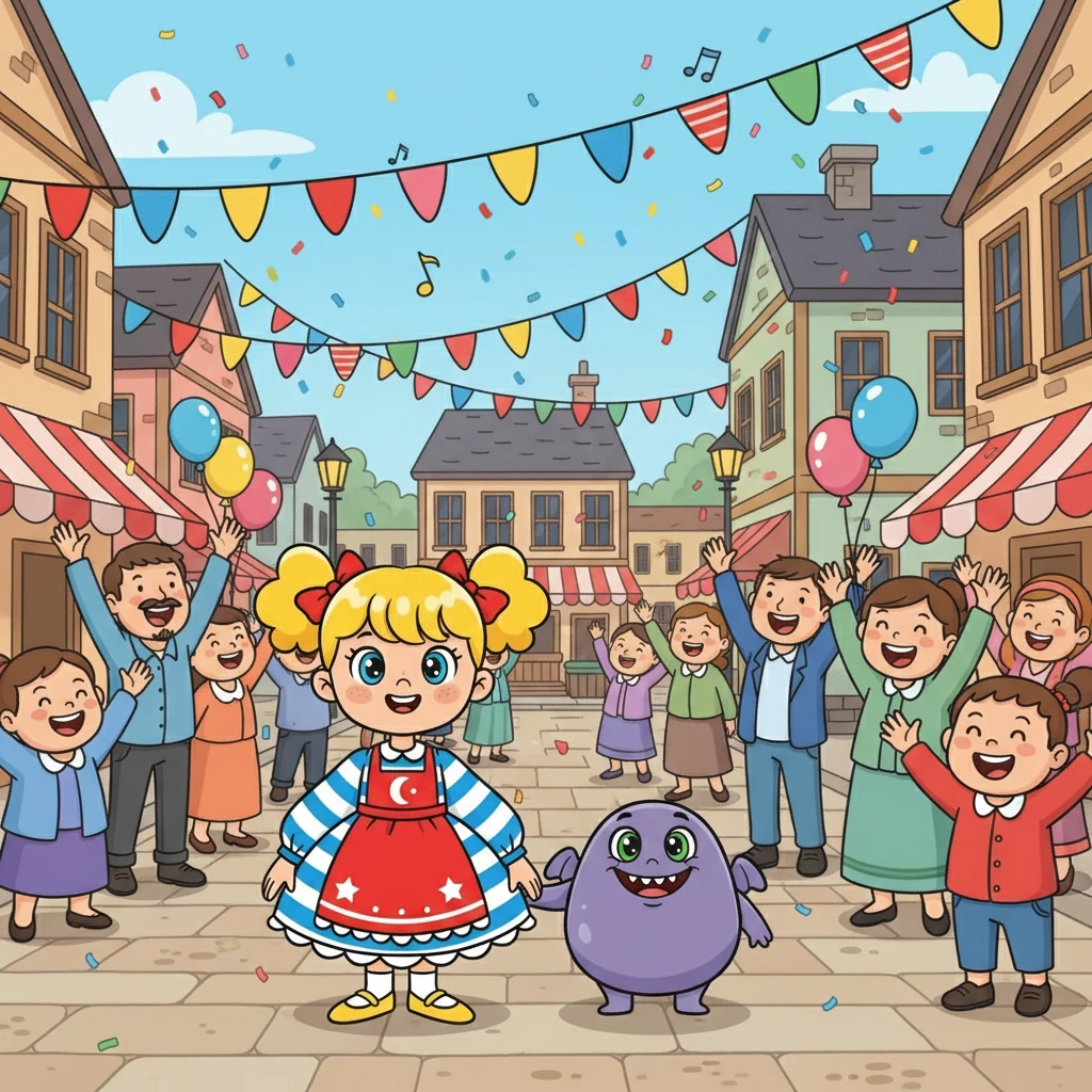 Le village organisa une grande fête pour célébrer le retour des couleurs et l'importance des émotions. Luna et Pli-Pli étaient les héros du jour.