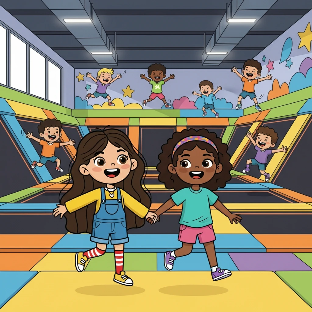 Jessica, with long, dark hair, and Laura, with her beautiful, dark skin, skipped hand-in-hand toward the bright colors of the trampoline park. The park buzzed with laughter and excited shouts as kids bounced and flipped in the air. Their hearts leaped with anticipation for a day filled with fun and daring leaps.