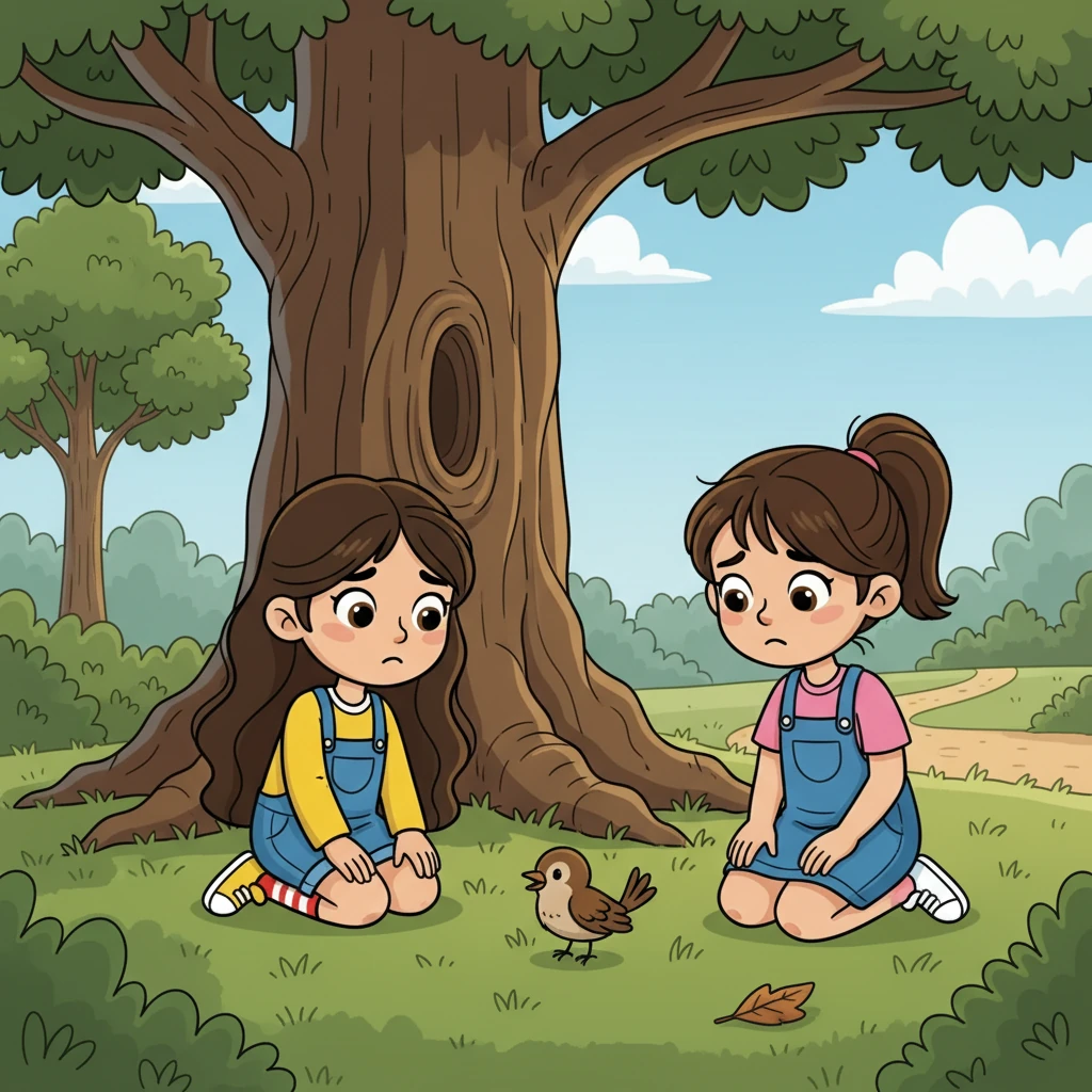 Suddenly, they found a small bird, its wing bent, lying beneath a big oak tree in the park. Its tiny body trembled. Jessica and Laura, concerned, knelt beside the bird, their faces filled with worry.