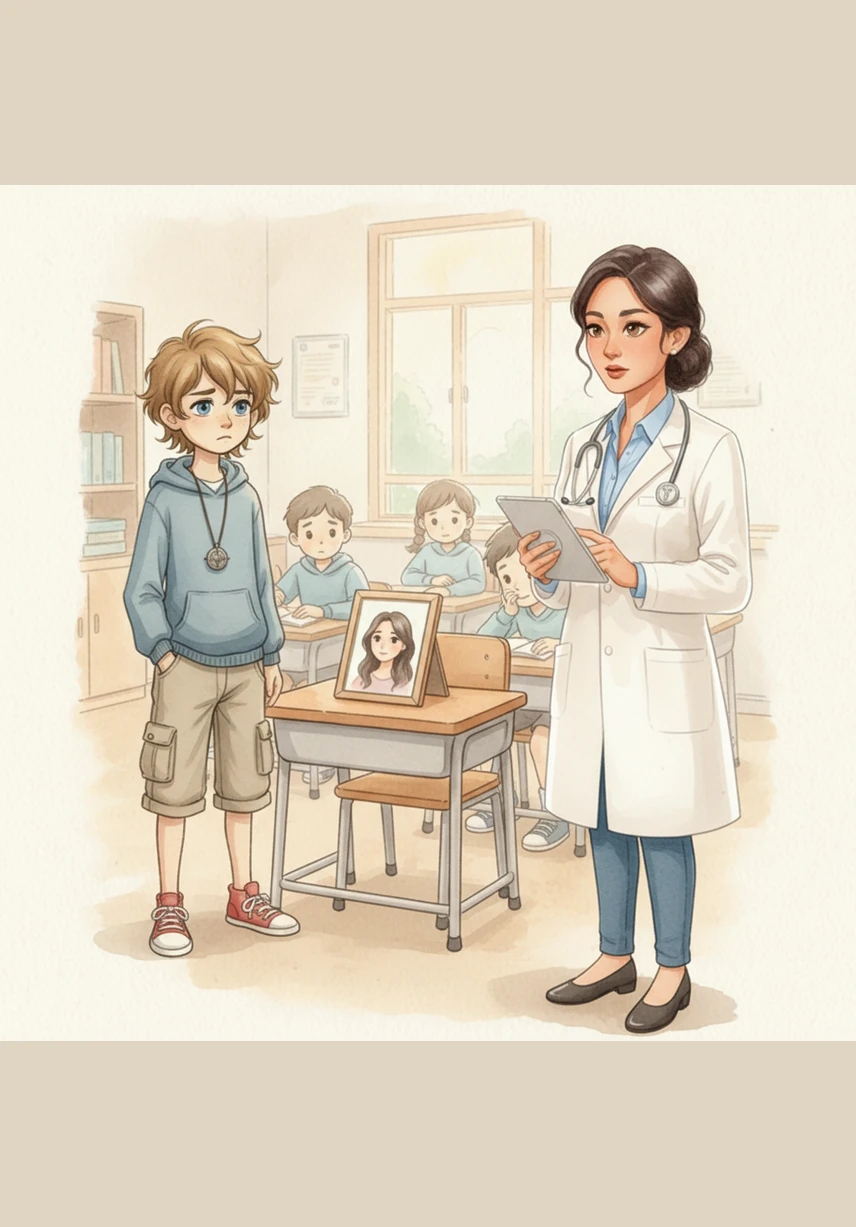 The next morning, Adam was worried when he saw Maya’s empty chair at school. He later learned that Maya had become very sick with a stomach ache and fever, likely caused by the snacks they had seen the day before.