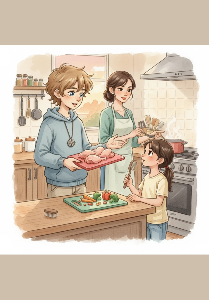 While helping prepare dinner, Adam explained to his younger brother why they must use different cutting boards for vegetables and raw chicken. He showed him how preventing cross-contamination keeps their family meals healthy and safe for everyone.