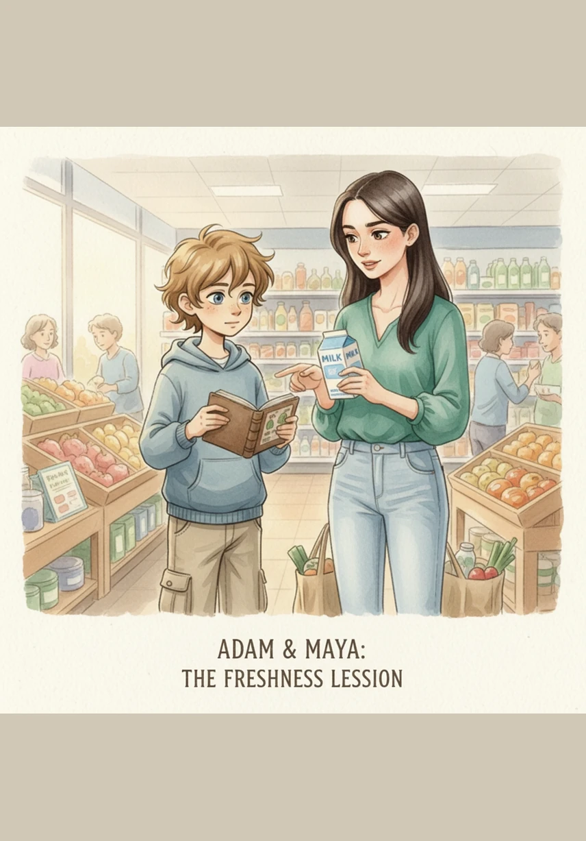 At the grocery store, Adam carefully inspected the 'Use By' dates on milk and yogurt containers before putting them in the cart. He also taught his mother to avoid buying canned goods that were dented or swollen, as they could be dangerous.