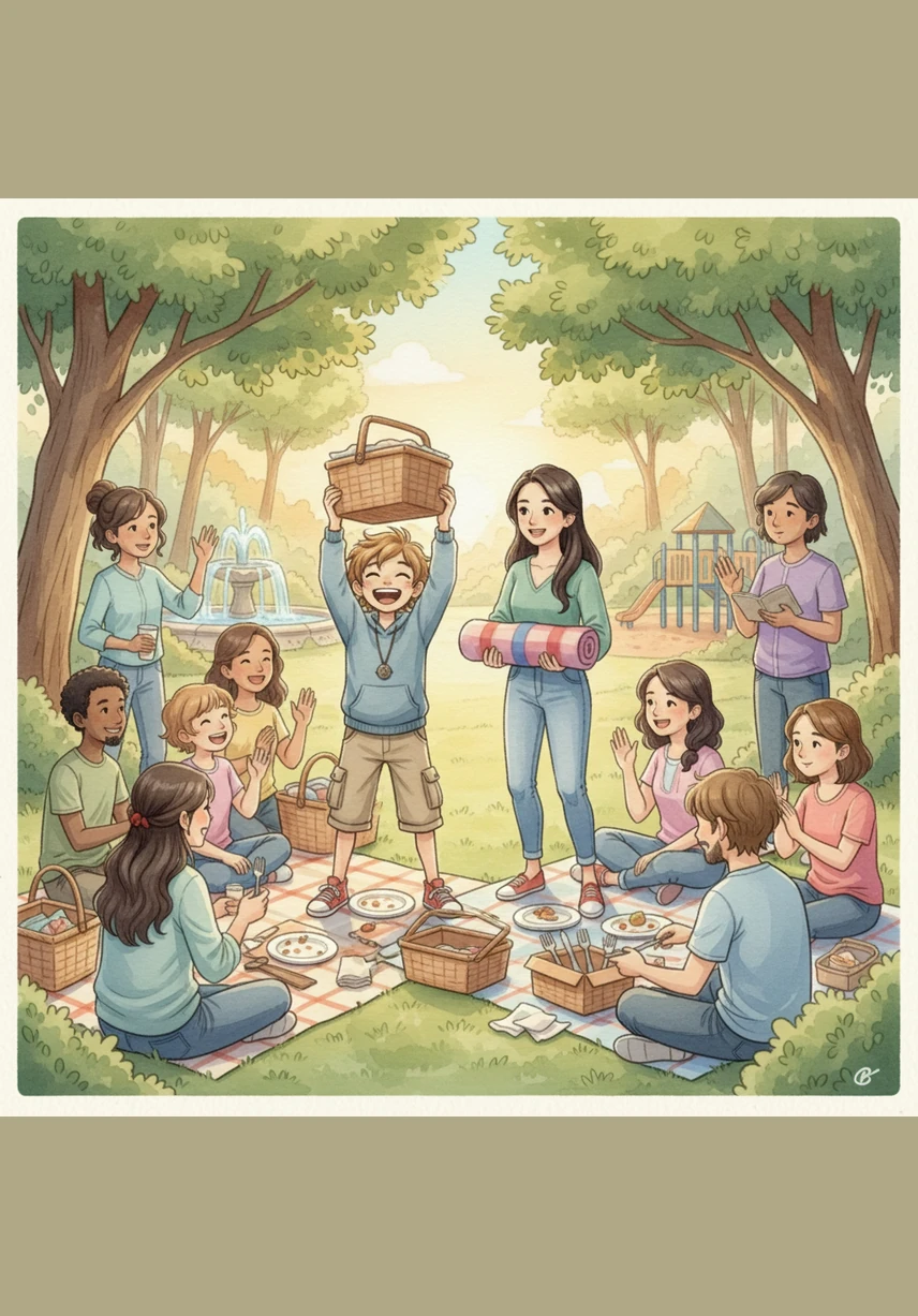 The story ends at a joyful community picnic where every family brought food prepared with the highest safety standards. Adam felt proud seeing his friends eating happily and healthily, knowing that his mission as a food safety hero was a great success.