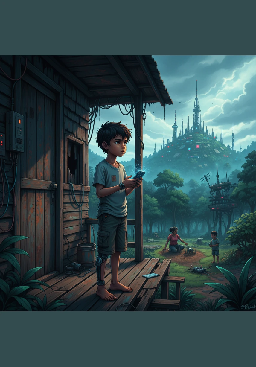 Di sebuah kampung pedalaman yang dikelilingi hutan hijau, Adam berdiri di halaman rumah kayu usangnya sambil memegang erat sebuah telefon pintar yang retak skrinnya. Dia memandang ke arah bukit di kejauhan, berharap ada secebis isyarat internet yang cukup kuat untuk dia memulakan kelas dalam talian hari ini.