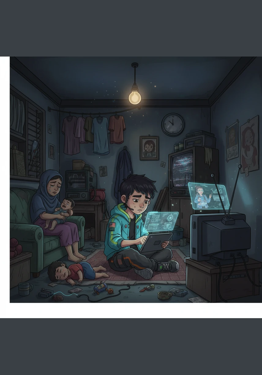 Di ruang tamu yang sempit dan sesak, suara televisyen dan tangisan bayi di latar belakang membuatkan Adam sukar untuk memberikan tumpuan kepada penjelasan gurunya di skrin. Persekitaran rumah yang tidak kondusif ini menjadi tembok besar yang menghalang tumpuan dan semangat belajarnya setiap hari.