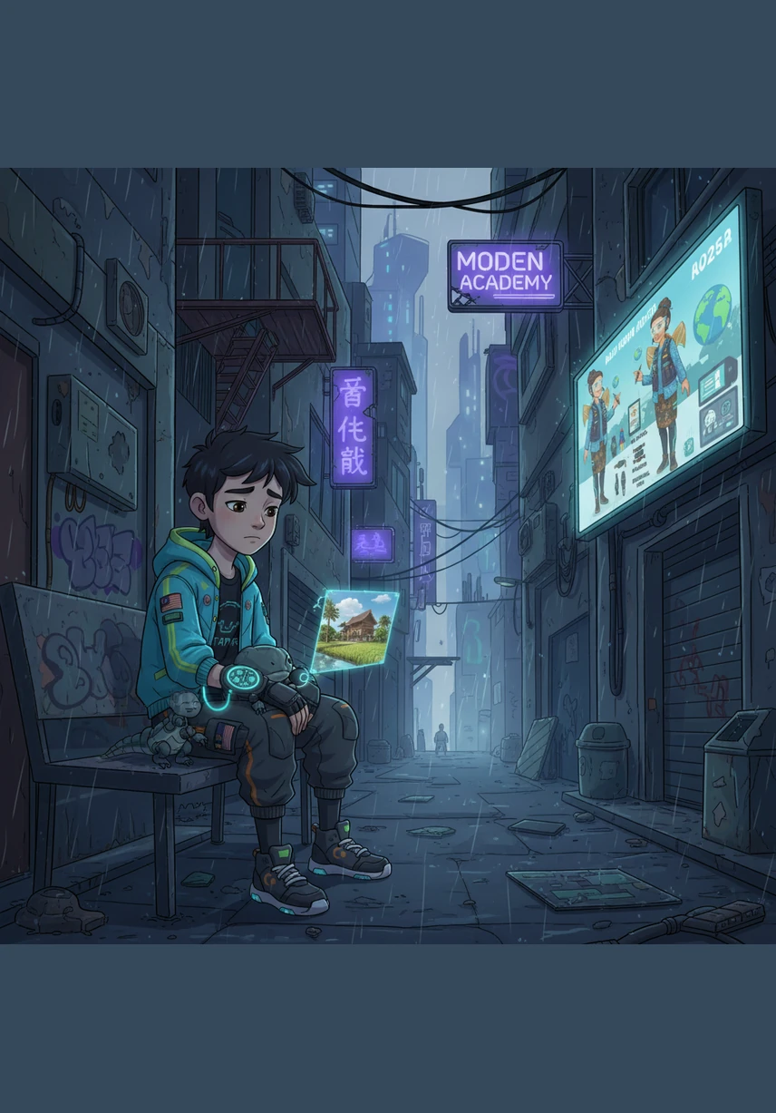 Adam sering termenung di jendela pada waktu petang, merasa terasing dan sunyi tanpa kehadiran rakan-rakan di sisi untuk berbincang atau sekadar bermain bersama. Tekanan emosi dan motivasi yang semakin luntur mula menggoyahkan keyakinan dirinya untuk terus bersaing dalam dunia pendidikan digital yang mencabar ini.