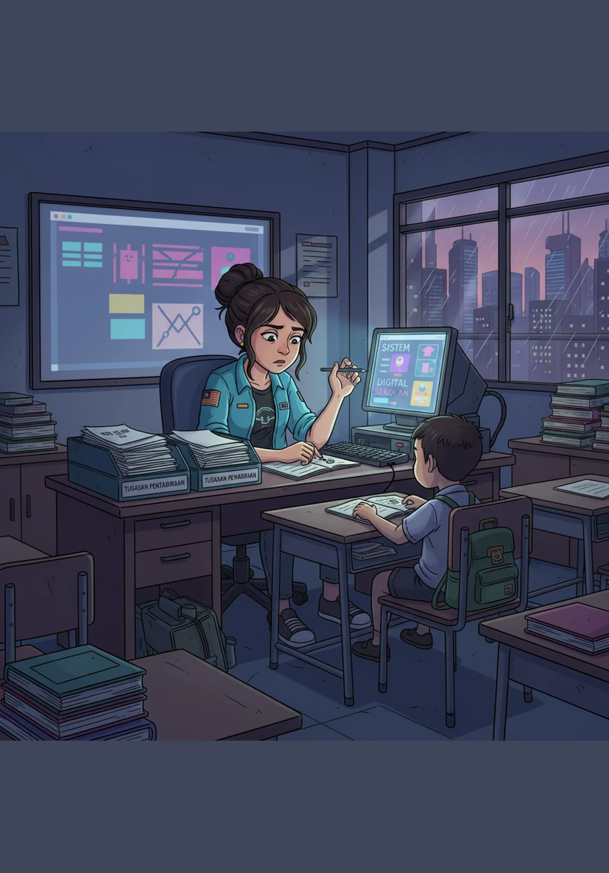 Di sebuah bilik darjah yang sunyi di sekolah, Cikgu Sarah mengeluh keletihan melihat timbunan tugasan pentadbiran sambil cuba membina bahan pengajaran interaktif dengan kemahiran teknikal yang terhad. Masa yang sepatutnya digunakan untuk membimbing murid kini habis ditelan oleh bebanan sistem digital yang kompleks dan menuntut.