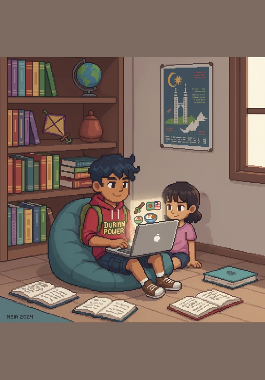 Dengan komputer ribanya, Adam menguruskan tugasan sekolah mengenai kebudayaan dengan lebih produktif. Pengurusan maklumat yang cekap membantunya menjadi individu yang lebih kreatif dan inovatif untuk masa depan negara.