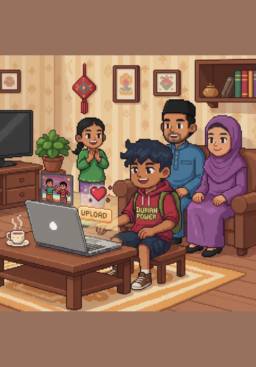 Adam memuat naik video tarian tradisional ke platform digital untuk berkongsi keindahan budaya tempatan dengan dunia. Dia bangga melihat pemikiran sihat dan nilai murni tersebar luas melalui hujung jarinya.