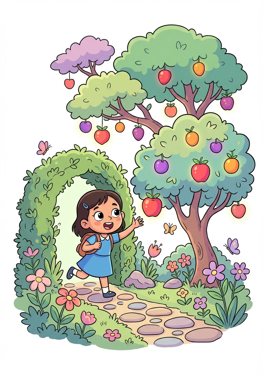 एक दिन, उसने एक गुप्त रास्ता देखा जो उसे एक जादुई बगीचे की ओर ले गया। वहाँ उसने कुमाऊं हर्बल के पेड़ देखे, जो स्वादिष्ट फलों से लदे हुए थे।