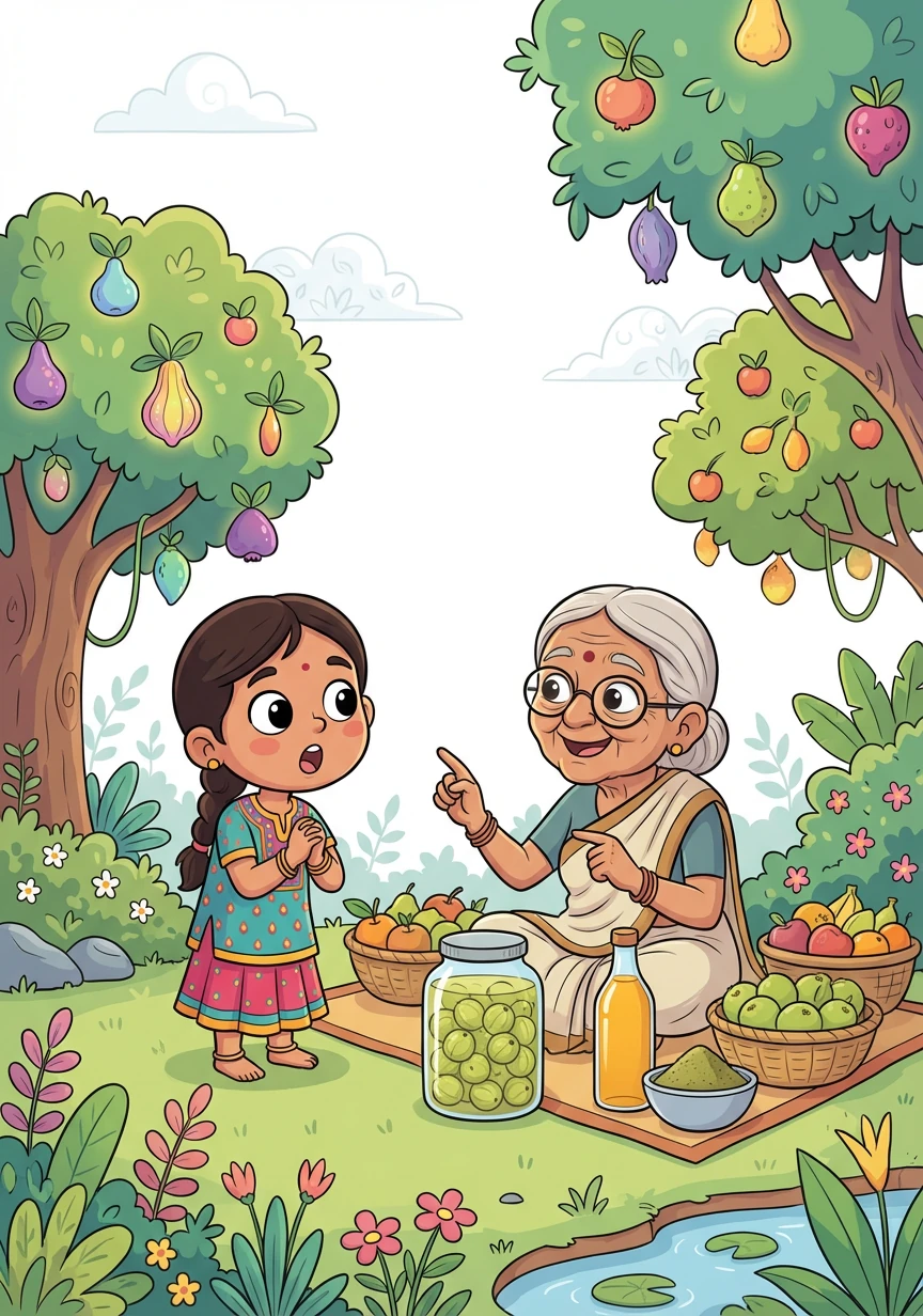 बगीचे में, अमृता को एक बुद्धिमान बूढ़ी महिला मिली, जिसने उसे बताया कि ये फल विशेष हैं और इनसे जूस, अचार और पाउडर बनाए जाते हैं जो सेहत के लिए बहुत अच्छे होते हैं।