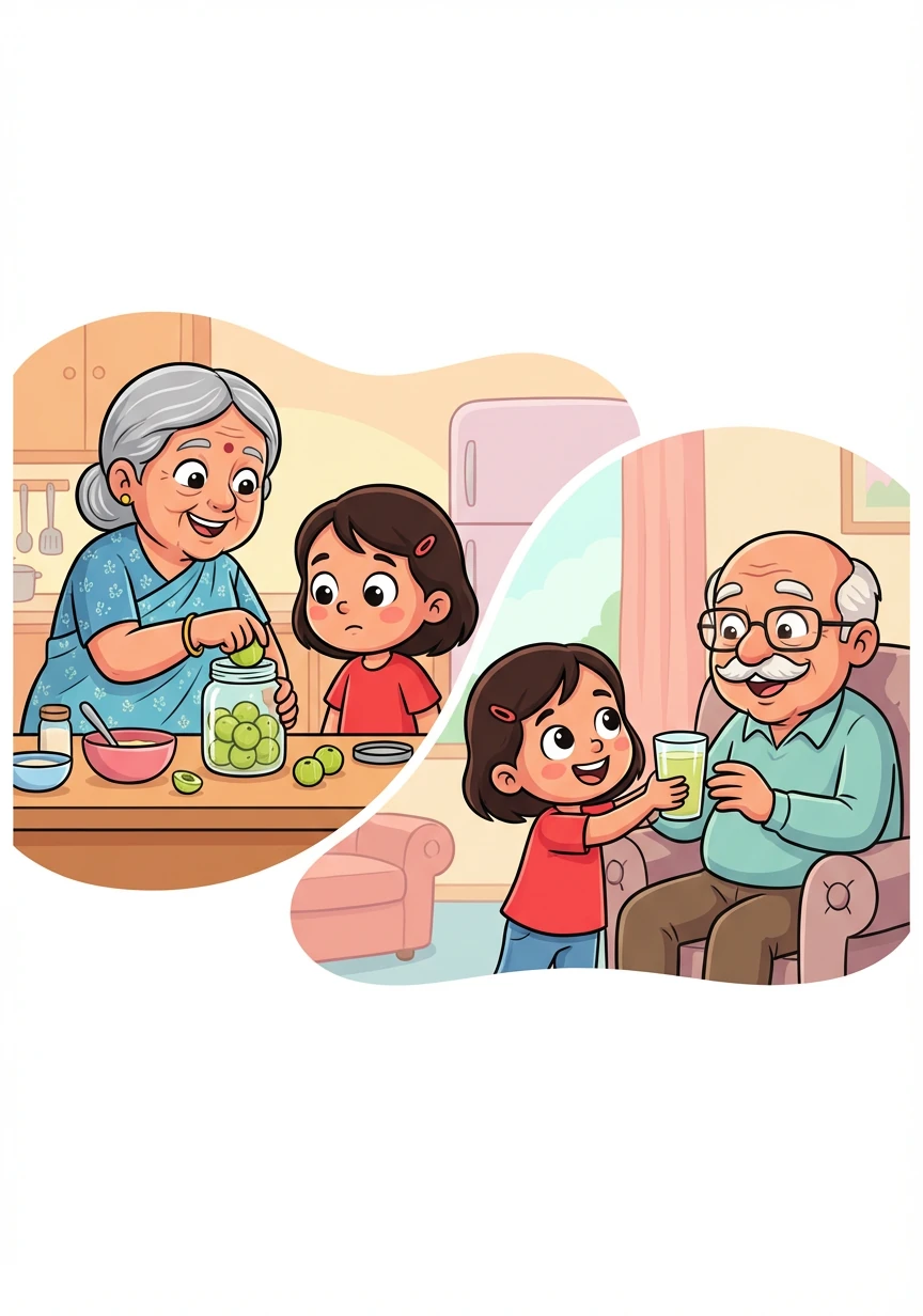 बूढ़ी महिला ने अमृता को आमला का जूस बनाने का तरीका सिखाया, जो रोग प्रतिरोधक क्षमता को बढ़ाता है। अमृता ने ध्यान से सीखा और घर जाकर अपने दादाजी को जूस पिलाया।