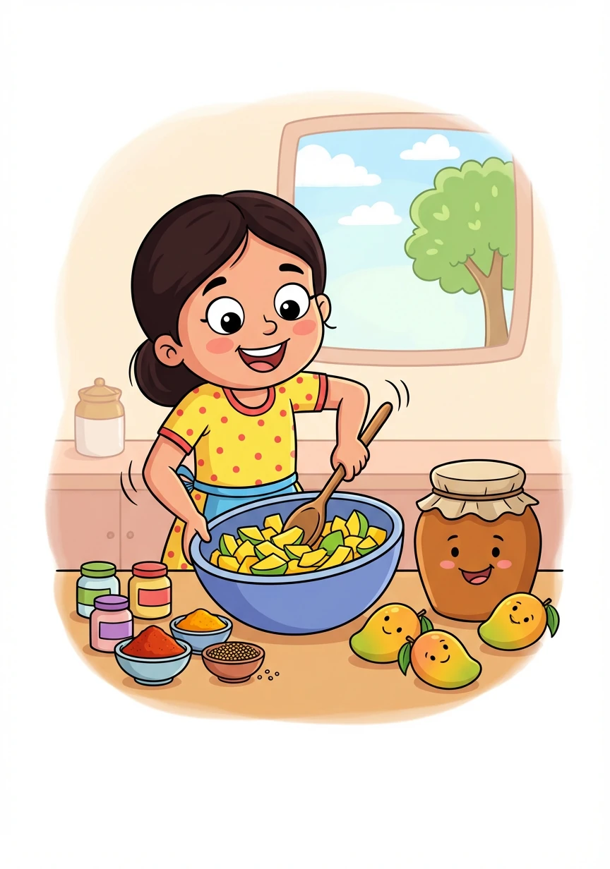 अगले दिन, अमृता ने आम का अचार बनाना सीखा। उसने रसीले आमों को मसालों के साथ मिलाकर एक स्वादिष्ट अचार बनाया, जिसे सभी ने खूब पसंद किया।