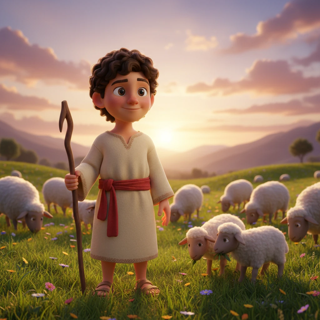 Elías, un pastorcito con el corazón lleno de bondad, cuidaba a sus queridas ovejas en un valle verde y florecido. El sol comenzaba a despedirse, pintando el cielo de tonos anaranjados y rosados con nubes esponjosas. Las ovejitas pastaban tranquilamente, disfrutando de la última luz de la tarde con expresiones de contentamiento.