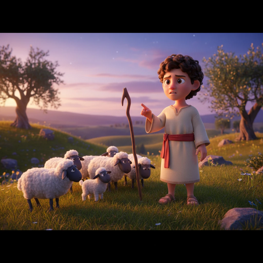 Con la noche acercándose, Elías empezó a contar a su rebaño para asegurarse de que todas estuvieran seguras y a salvo. Sus ojos atentos recorrieron el grupo de lana blanca, pero de pronto, notó que faltaba una: su corderito más pequeño y juguetón. Una pequeña arruga de preocupación apareció en su frente.