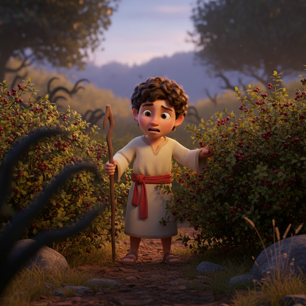 Una punzada de preocupación apareció en su rostro mientras buscaba entre los arbustos de bayas y llamaba suavemente: "¡Corderito, corderito!". La sombra de los árboles se alargaba como dedos gigantes, y el viento fresco susurraba entre las hojas con un sonido inquietante. Elías sabía que debía encontrarlo antes de que la oscuridad cubriera todo el valle.