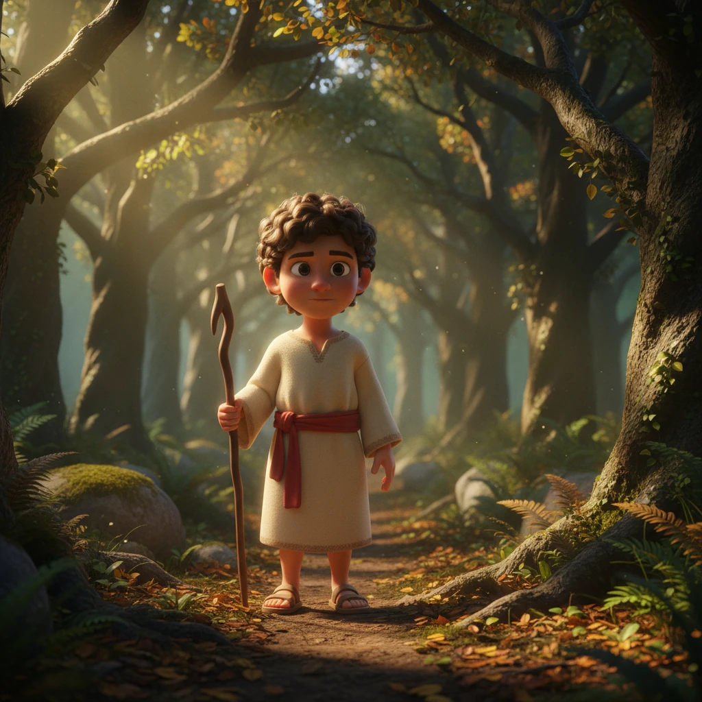 Con valentía en su pequeño corazón, Elías se adentró en un pequeño bosquecillo, donde los árboles eran más altos y la luz se filtraba con dificultad, creando un juego de sombras místicas. Los sonidos del bosque eran suaves y misteriosos, pero Elías confiaba en que su Padre Celestial lo guiaba. Sus pasos eran lentos y cuidadosos, sus ojos escudriñando cada rincón.