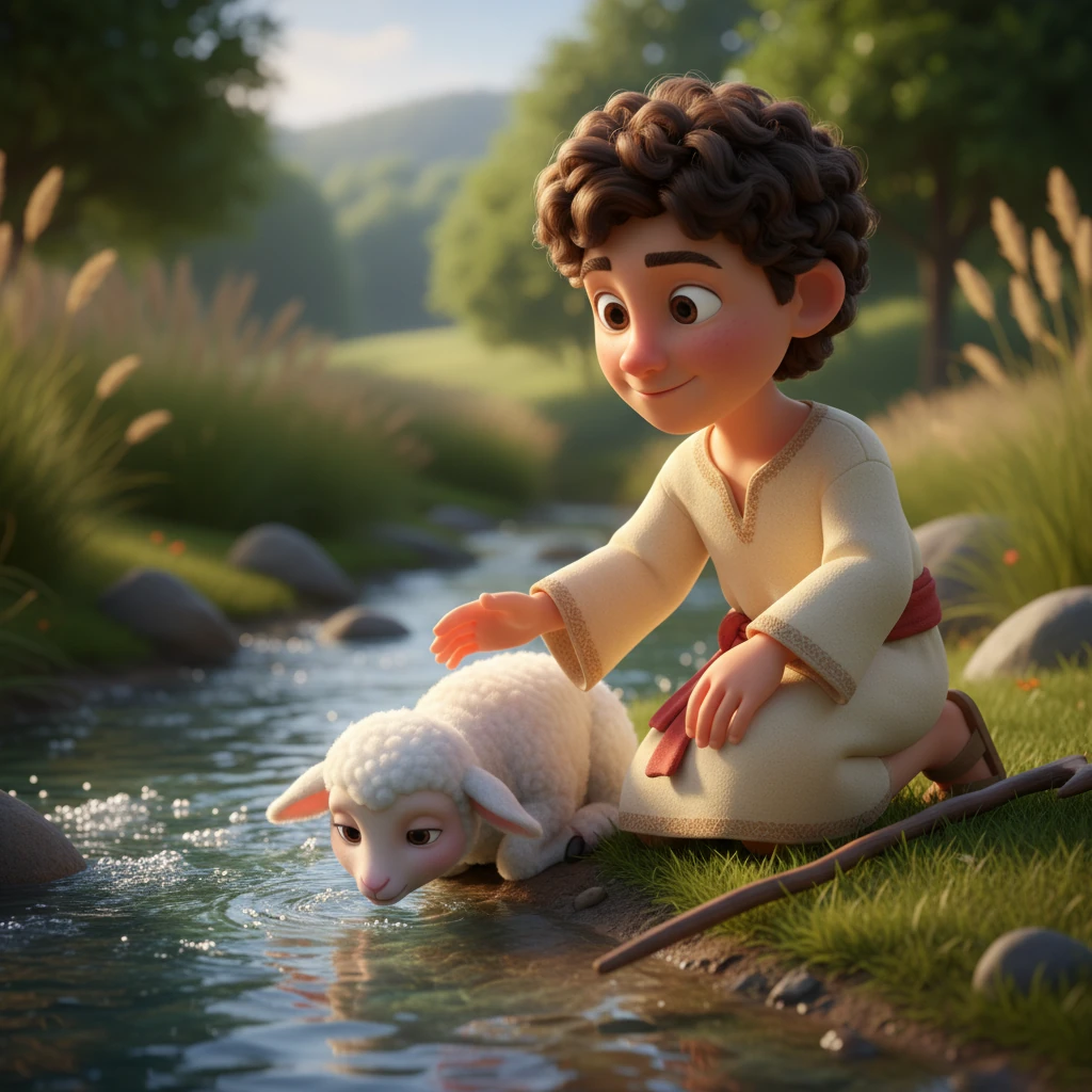 De repente, cerca de un arroyo que canturreaba suavemente sus melodías de agua, Elías vio una pequeña bola de lana blanca. Allí estaba el corderito, acurrucado y seguro, bebiendo agua fresca de la corriente cristalina. No estaba asustado, solo se había alejado un poco más de lo permitido, explorando su curiosidad.