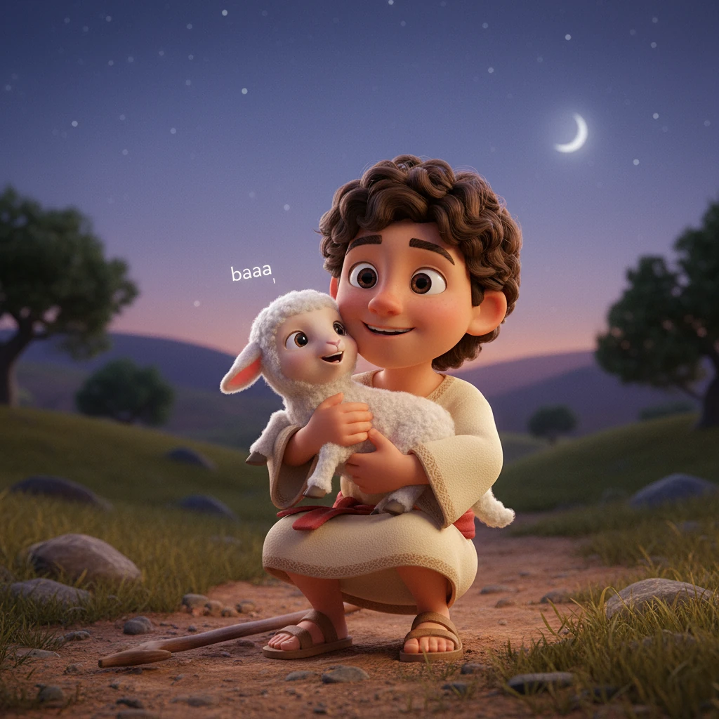 Una sonrisa de alivio y pura alegría iluminó el rostro de Elías, haciéndolo brillar más que las estrellas que empezaban a aparecer. Con ternura, se agachó y levantó al corderito en sus brazos, sintiendo su calor y su suave lana contra su mejilla. El corderito baló contento, agradecido de volver con su pastor protector.