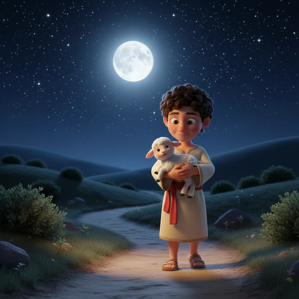 Con el corderito a salvo en sus brazos, Elías emprendió el camino de regreso bajo un manto de estrellas brillantes que parecían diamantes esparcidos en terciopelo negro. Cada estrella parecía un pequeño ojo que los vigilaba con cariño desde el cielo infinito. La luna llena, grande y brillante, iluminaba su sendero, haciéndolo sentir seguro y acompañado en su viaje.