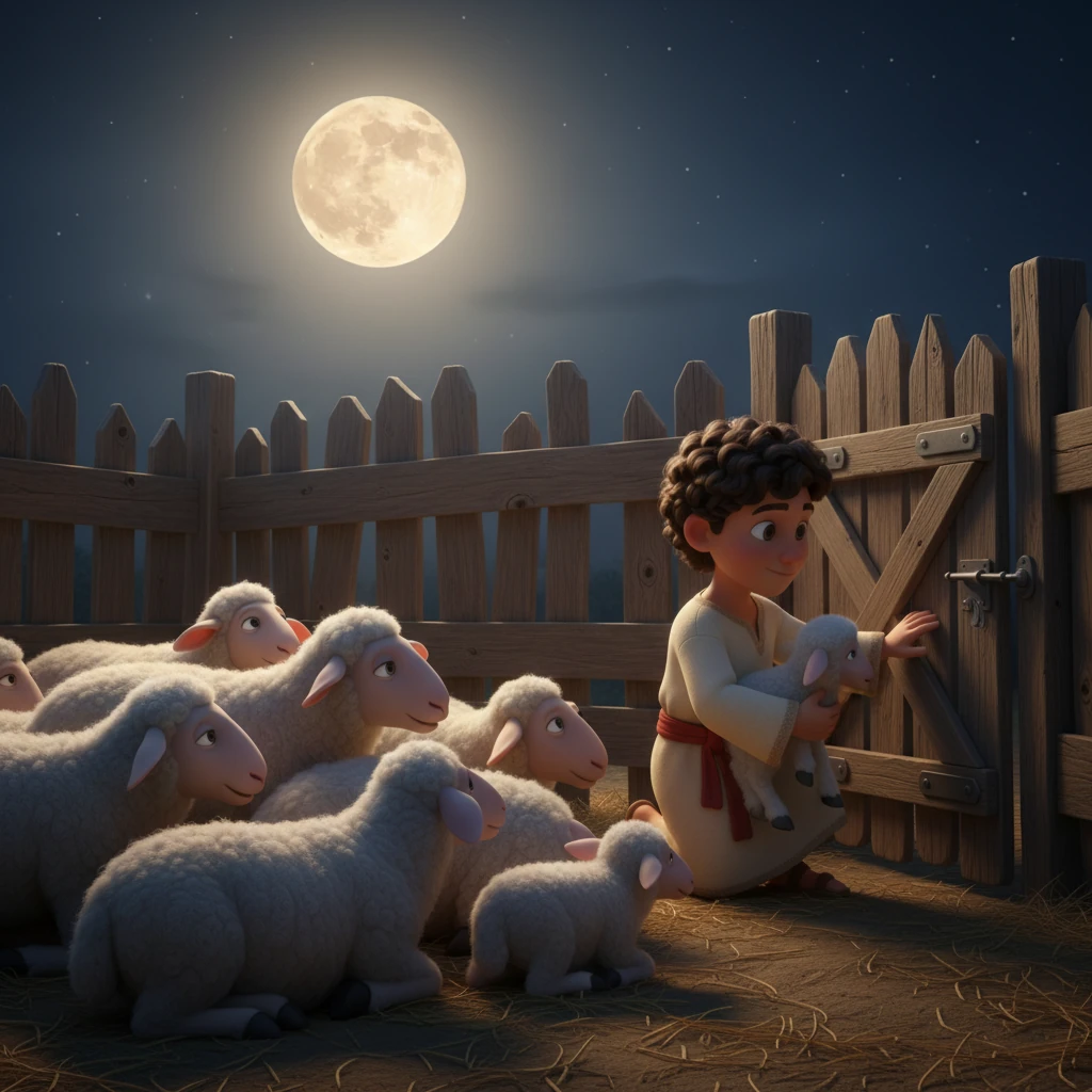 Al llegar al redil, Elías depositó al corderito con el resto de su familia lanuda, que lo recibió con suaves balidos. Todas las ovejas se acurrucaron, formando una cálida y segura manta de lana bajo la tenue luz de la luna. Elías se aseguró de que la puerta estuviera bien cerrada, protegiéndolas de cualquier peligro nocturno.