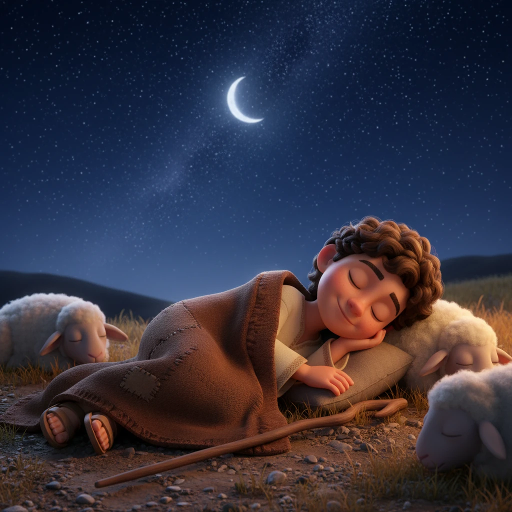 Antes de acostarse bajo el cielo estrellado, Elías elevó una sencilla oración de agradecimiento por el día y la seguridad de sus ovejas. Se acurrucó, sintiendo la brisa fresca y el calor de la tierra bajo su manta. Con la certeza de que estaba bajo el cuidado de Dios, el pequeño pastor Elías cerró los ojos y se durmió, soñando con verdes prados y cielos infinitos.