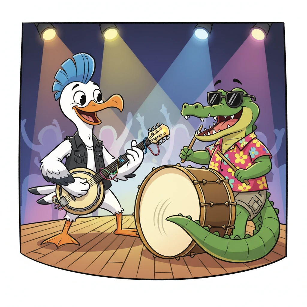 The stage lights gleamed on two unlikely rock stars. A flamboyant Albatross with a feathered mohawk shredded on his electric banjo, while a cool Alligator in sunglasses thumped a giant bass drum with his tail. Their band, "Swamp Stomp," had the crowd swaying to their funky swamp tunes.