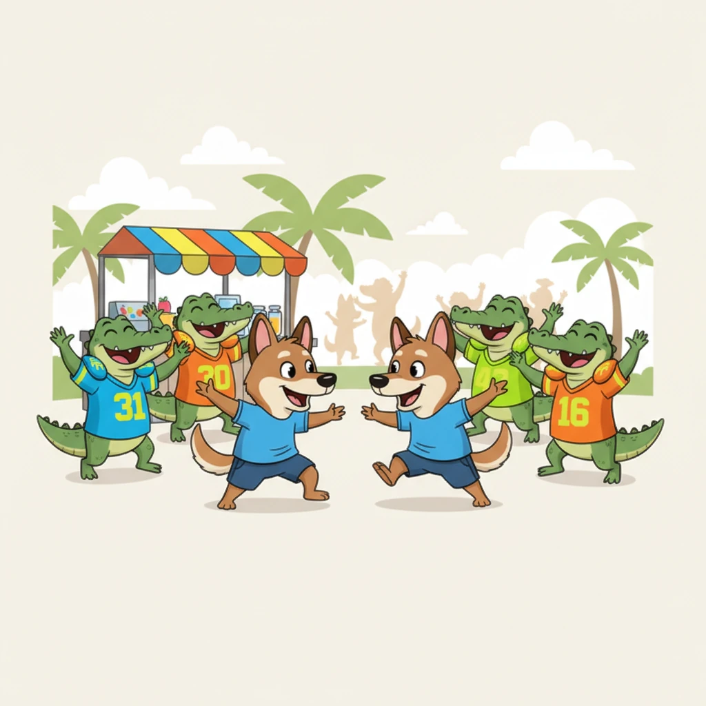 Over by the refreshment stand, Croc-O-Dile, looking dapper with a tiny cocktail in his claw, began to groove. A playful Dingo joined him, and together they launched into a perfectly synchronized electric slide. Nearby, the legendary "Funky Fuegos" fantasy football team cheered them on, their colorful jerseys shimmering as they danced.