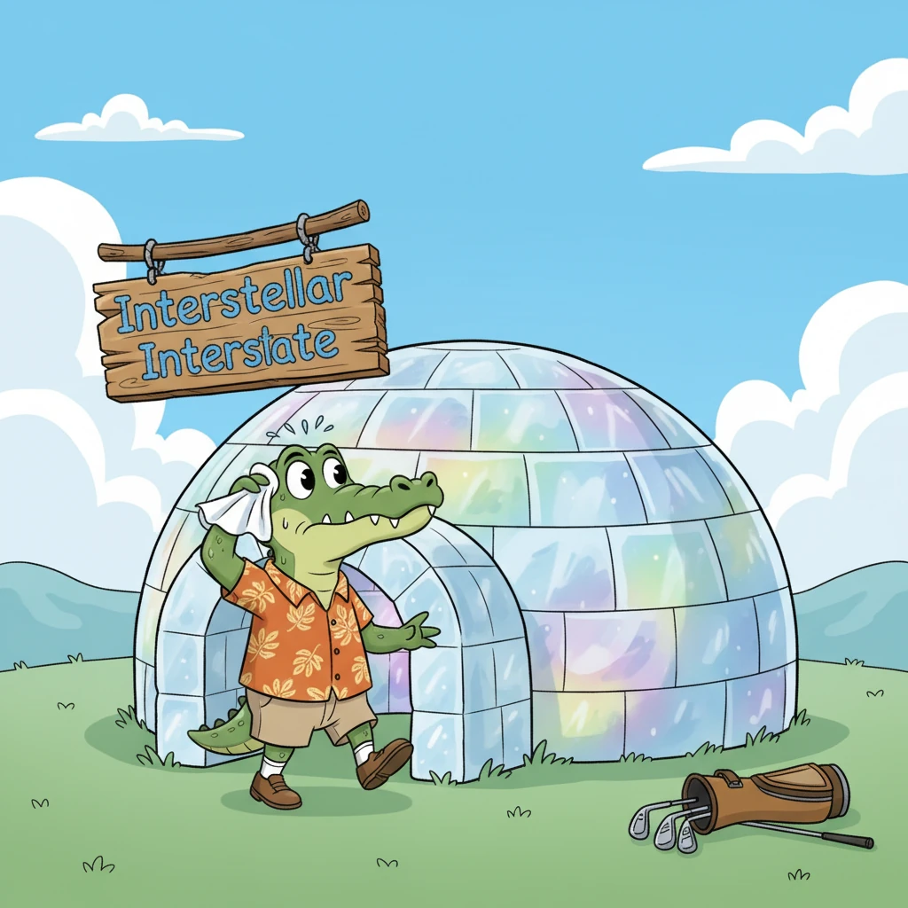 Croc-O-Dile, now hot and glistening with sweat from an intense round of golf, wiped his brow with a tiny towel. He stumbled upon a shimmering, rainbow-hued igloo that pulsed with a strange energy, a sign above it reading "Interstellar Interstate." Curiosity piqued, he decided to explore this frosty, fantastical gateway.