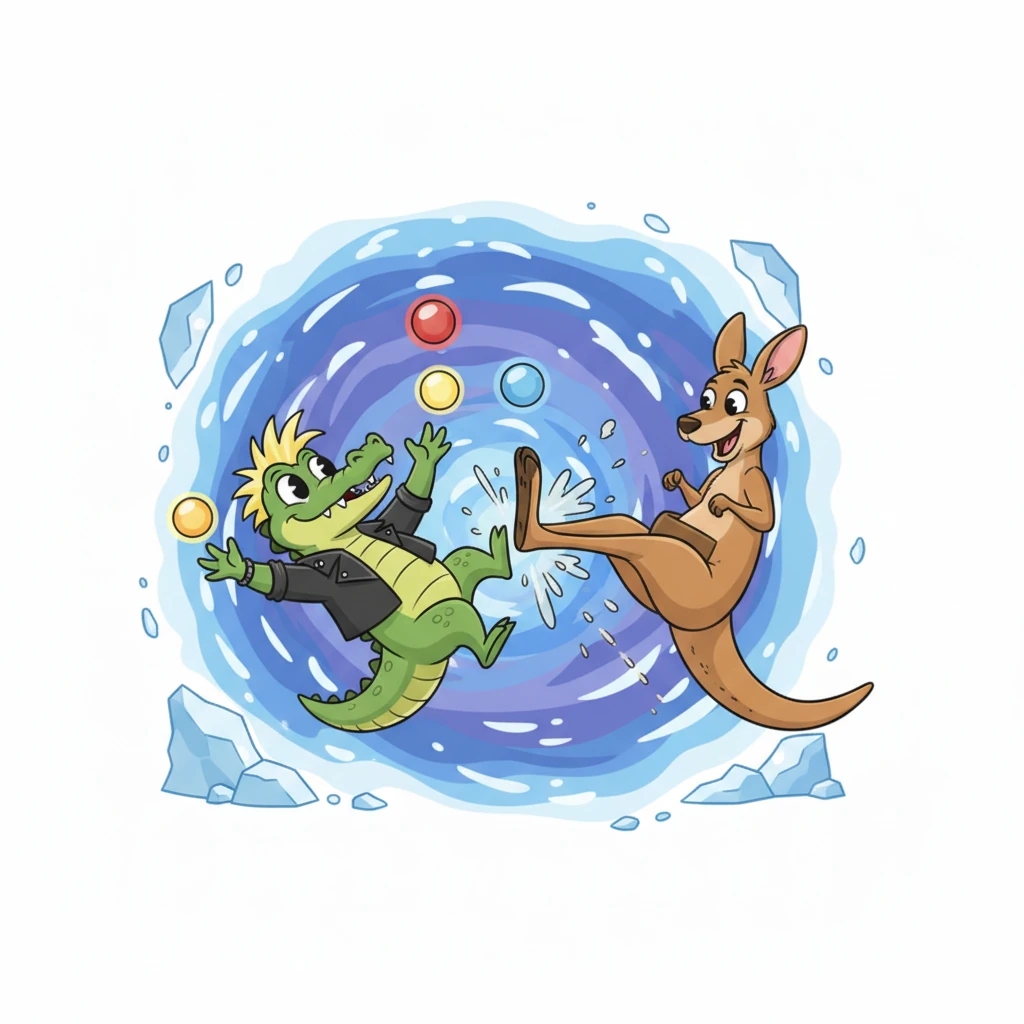 Inside the igloo's swirling portal, Croc-O-Dile discovered a new passion: juggling! He expertly tossed three glowing orbs into the air, a wide grin on his face. Suddenly, a boisterous Kangaroo bounced in, eager to join the fun, but his enthusiastic kick sent a startled Croc-O-Dile tumbling.