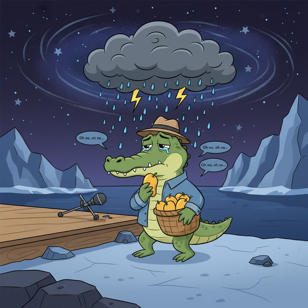 Croc-O-Dile limped off the stage, his head hung low, a cloud of gloom following him. He was so utterly depressed that he could only eat sweet, juicy mangos, day in and day out. Seeking solace, he journeyed to the desolate, always-night lands of Antarctica, murmuring "Oh no, oh no, oh no..." as he went.