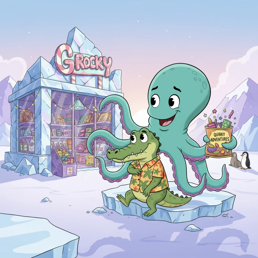 In the frosty solitude of Antarctica, a friendly Octopus with eight wobbly arms found the sad Croc-O-Dile. They quickly bonded over their shared love for quirky adventures and delicious snacks. Together, they decided to open the world's most unique grocery store, "Publix," right there in the icy wilderness.
