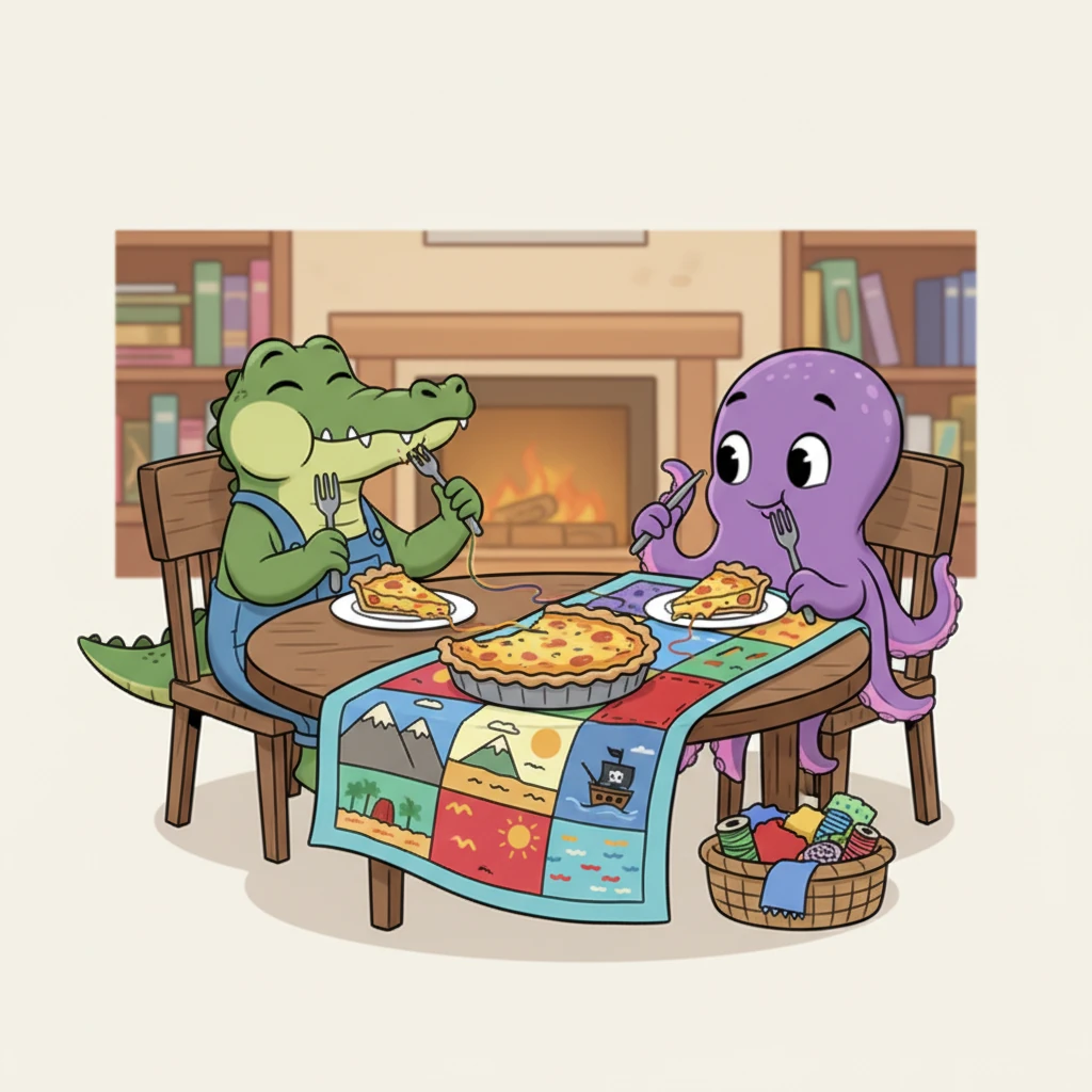 Croc-O-Dile and his new friend, Octavia the Octopus, spent their evenings in cozy contentment. They munched on warm, cheesy quiche, their bellies full and happy. Afterward, they would quilt together, stitching colorful patches into a magnificent blanket that told tales of their wild escapades.