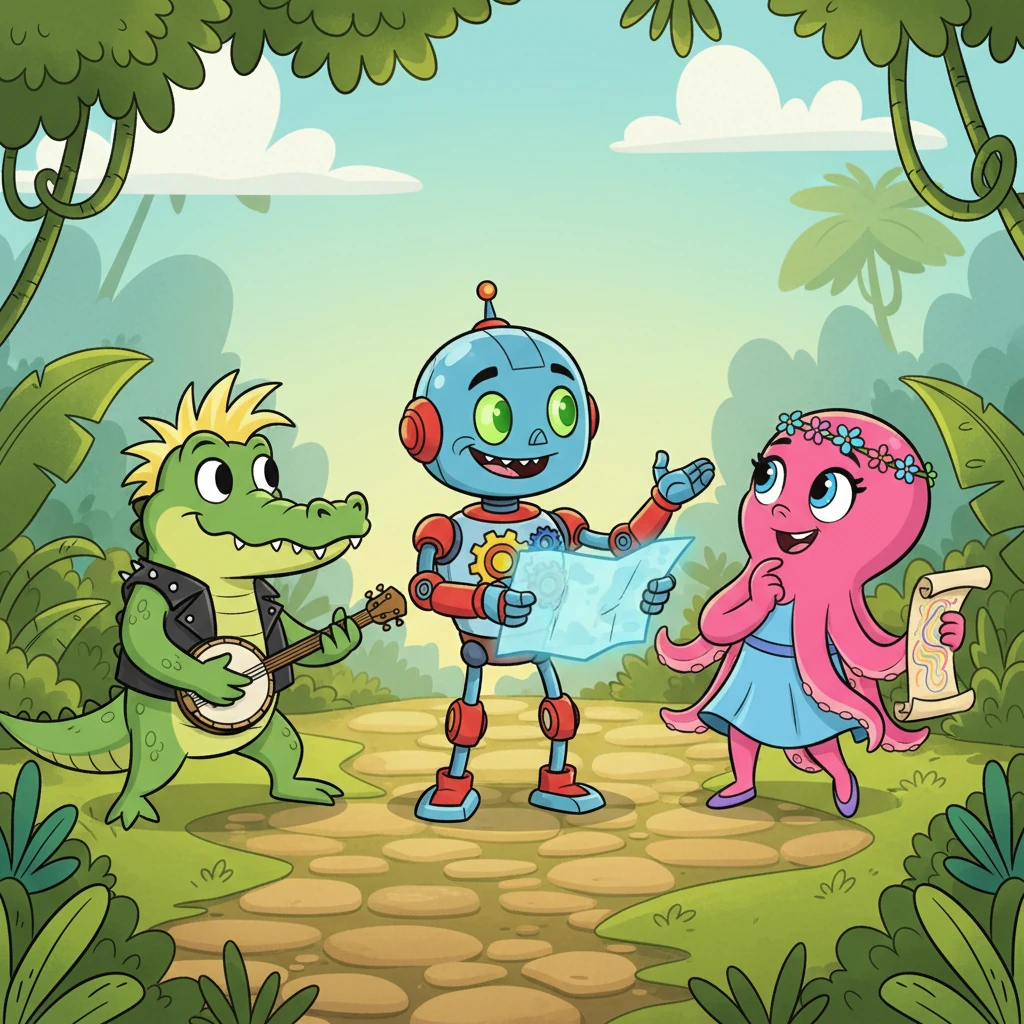 One day, news arrived: robots had taken over the world! But not all robots were bad. A clever robot named Samuel, with blinking, friendly eyes, sought out Croc-O-Dile and Octavia. Samuel believed in friendship and freedom, and he proposed a daring plan to save their world.
