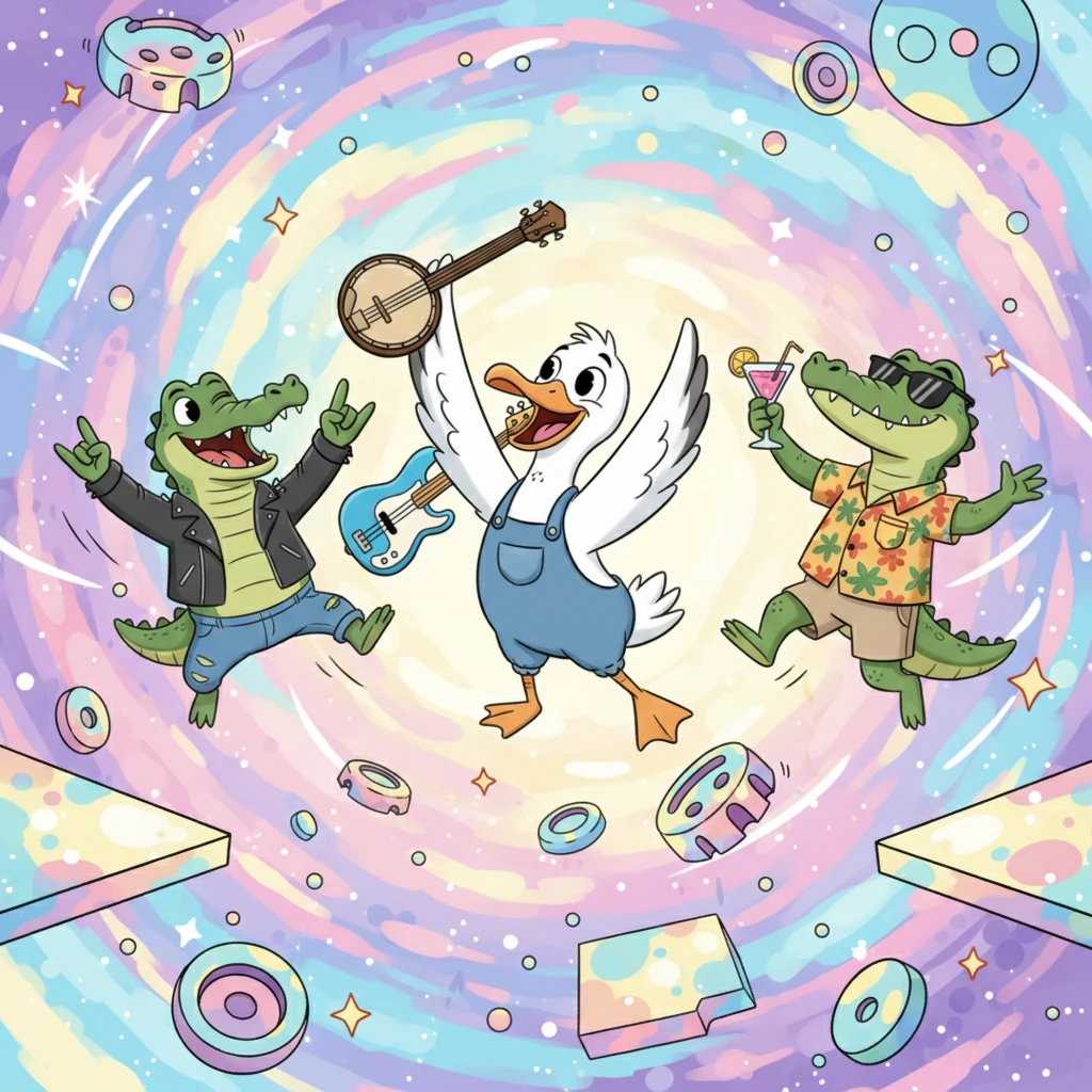 The brave trio—Croc-O-Dile, Octavia, and Samuel—ventured into a dazzling alternate universe, where they faced the robot overlords with courage and wit. After a thrilling, laugh-filled battle, they emerged victorious! "W00-h00!" they cheered, their voices echoing through the cosmic expanse.