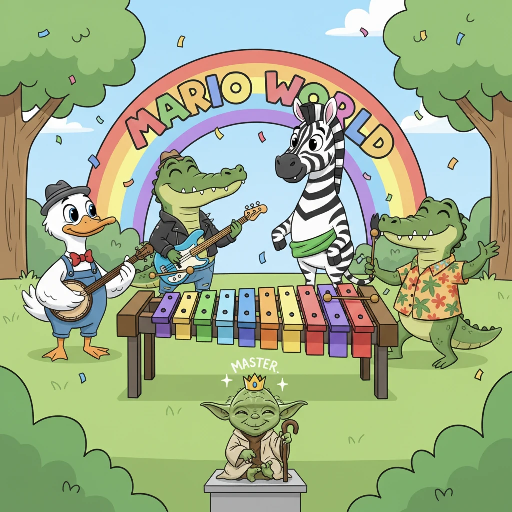 Back home, celebrating their triumph, the friends formed a new band, playing only the cheerful xylophone. Yoda, wise and green, was declared the undisputed master of Mario World, while a stylish Zebra was crowned its official mascot by everyone, solidifying a new era of joy and harmony.