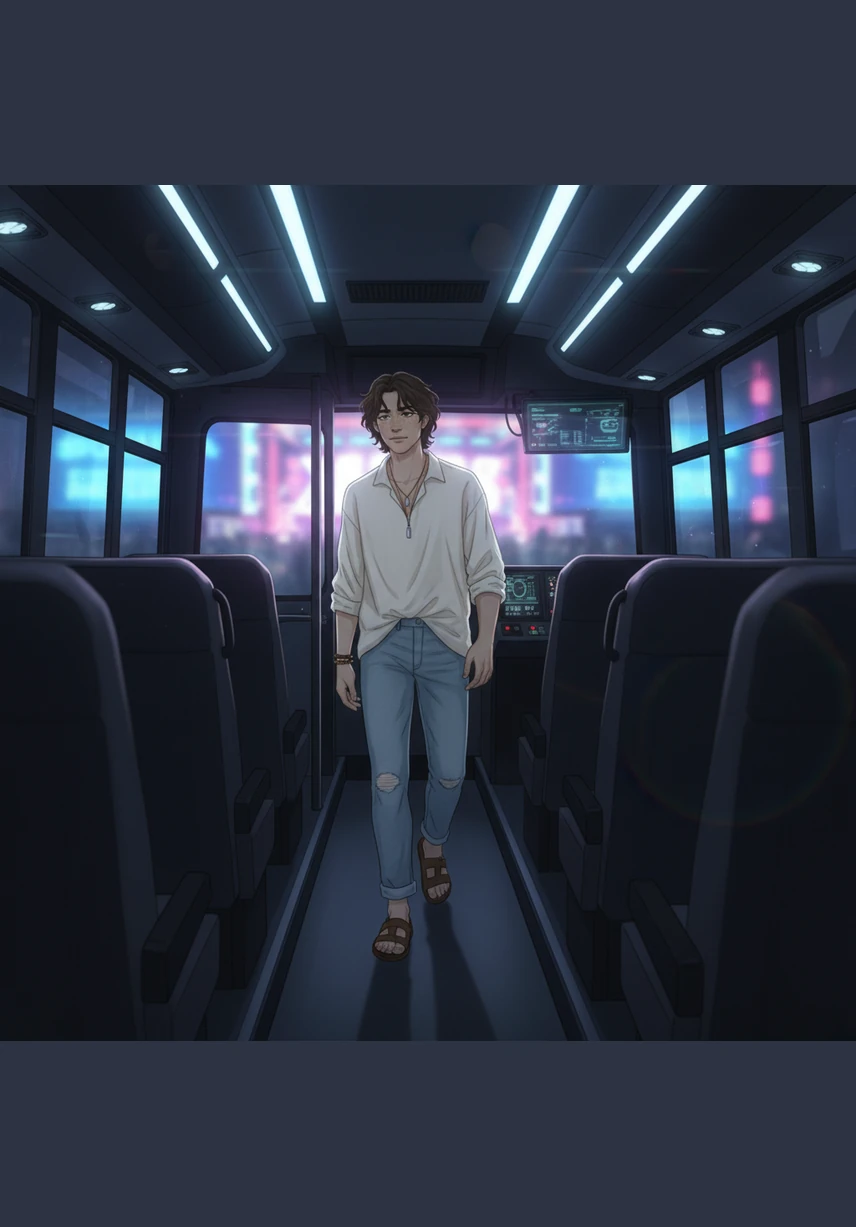 After the final roar of the Stockholm crowd, Leo steps onto the quiet tour bus, leaving the bright stage lights behind. The air is cool, and the hum of the engine is the only sound in the narrow hallway as he seeks a moment of solitude.