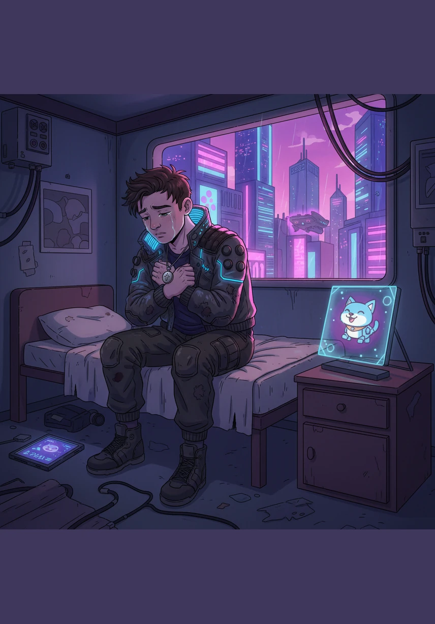 He retreats into the small bathroom, where strings of blue and pink fairy lights wrap around the mirror. The neon glow transforms the cramped space into a dreamy sanctuary of color and shadows, reflecting off the slightly fogged glass.