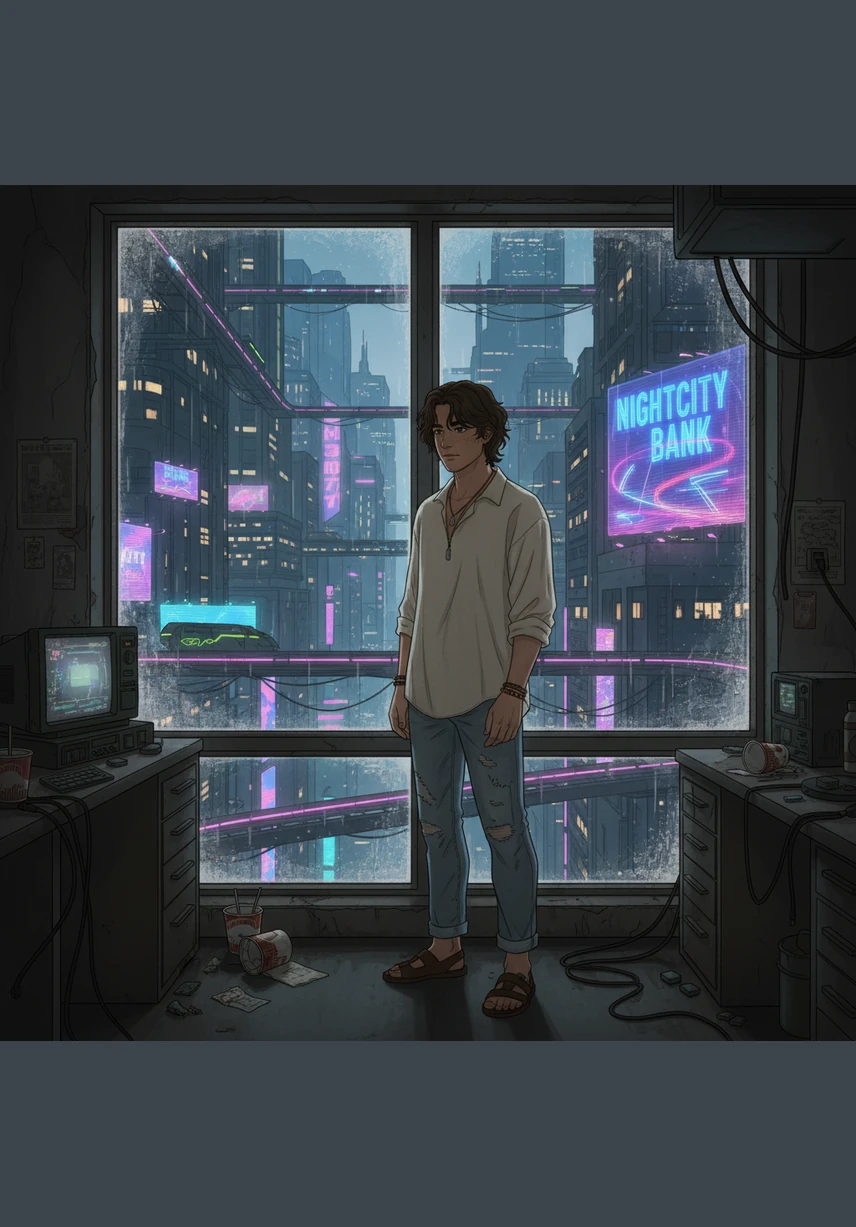 Leo stands before the mirror, his messy brown hair catching the soft light as the adrenaline of the show begins to fade. His blue eyes reflect the vibrant hues of the room, showing a mix of exhaustion and deep, quiet satisfaction.