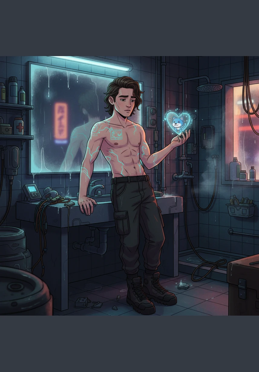 The mirror is slightly fogged from the humidity, blurring the edges of the metal fixtures and creating a soft, cinematic haze. He reaches out to wipe a small section, revealing a clear view of his tired but content expression.