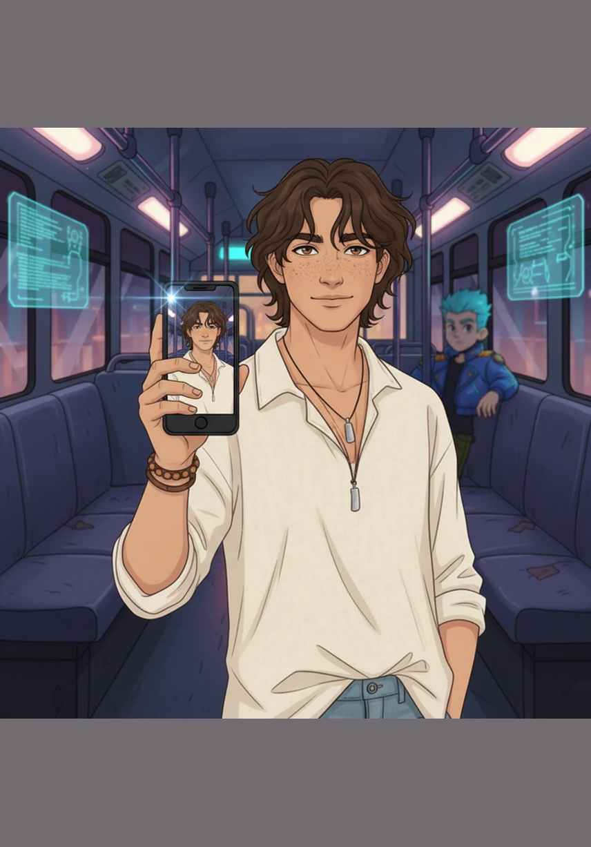 With a relaxed hand, he raises his phone to capture the moment, a digital memory of a night he never wants to forget. The lens focuses on his reflection, framing him perfectly against the intimate, glowing backdrop of the bus.