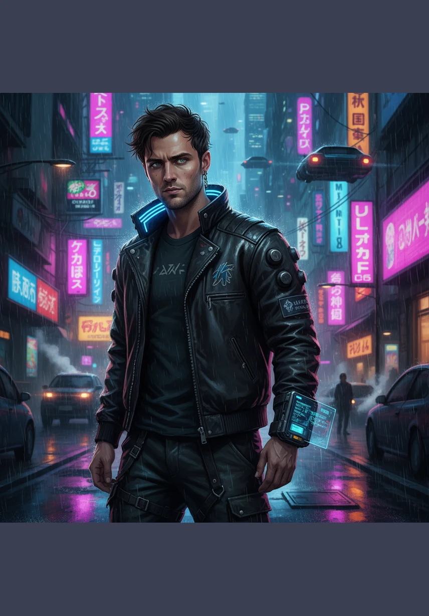 He lights a cigarette, and the thin trail of smoke curls upward, dancing through the pink and blue light. The smoke catches the neon glow, swirling like a tiny galaxy in the small, quiet room as he takes a slow, steady breath.