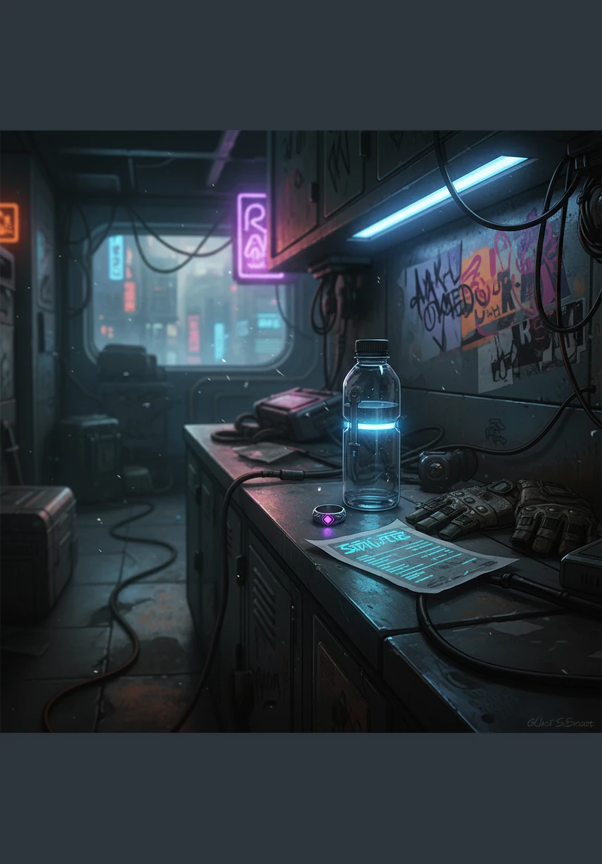 On the narrow counter, personal items are scattered—a water bottle, a stray ring, and a crumpled setlist from the night's performance. These small details tell the story of a life lived on the road, moving endlessly from one city to the next.