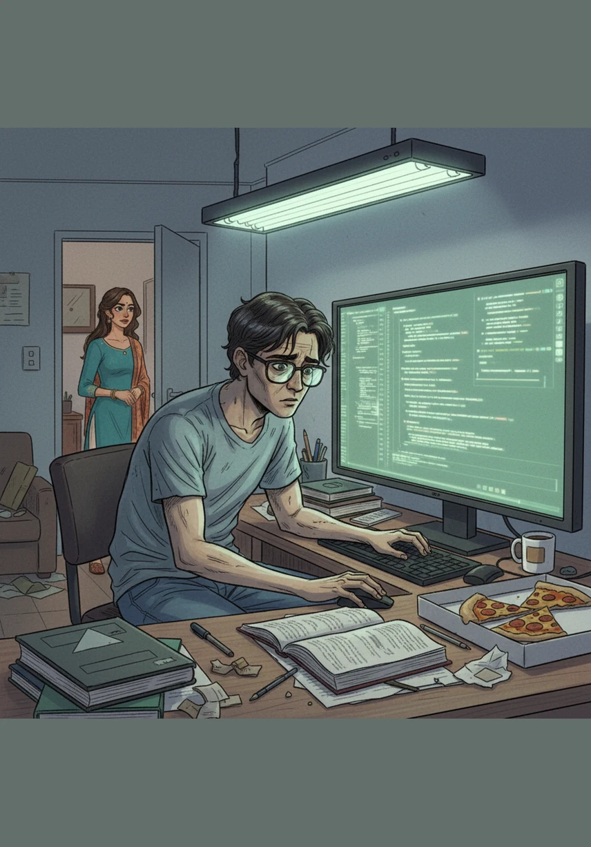 Rohan sat hunched over his cluttered desk, the harsh fluorescent lights reflecting off his glasses. His screen was a blur of complex code that he had been staring at since the early morning hours, his body heavy with exhaustion.