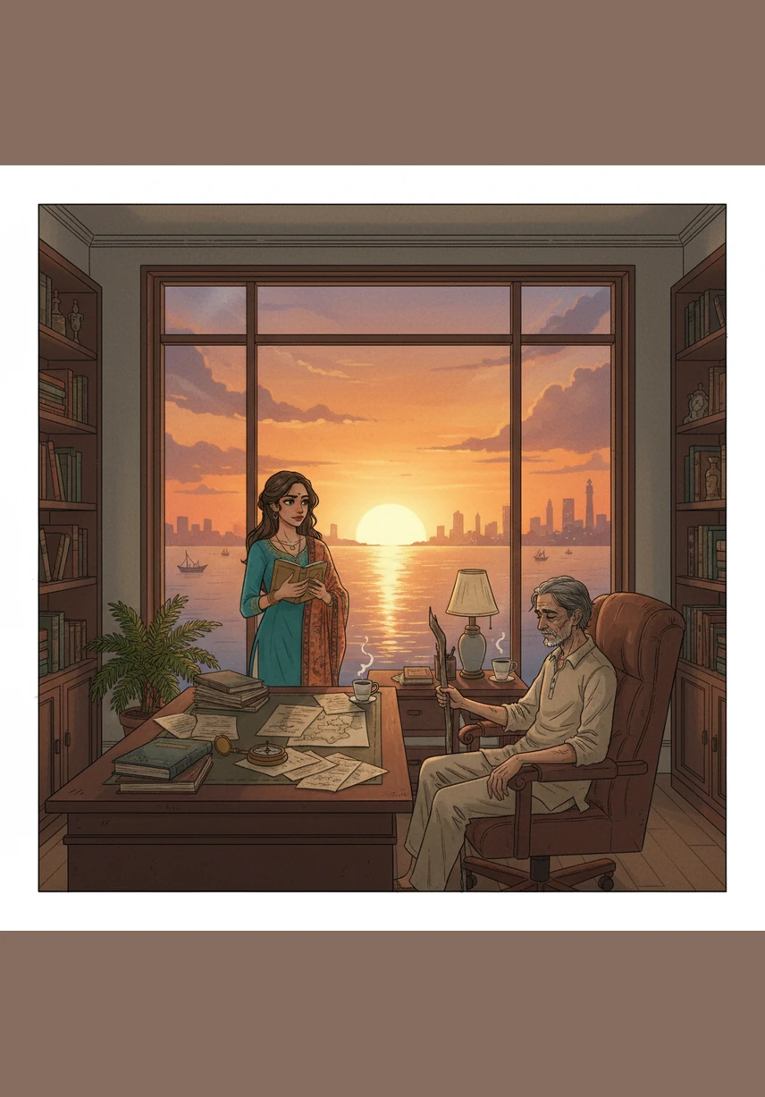 Through the office window, the golden sun set over the Colombo skyline, casting long shadows across the room. Anjali walked toward Rohan's cubicle with a stack of papers, her expression filled with quiet concern for her colleague.