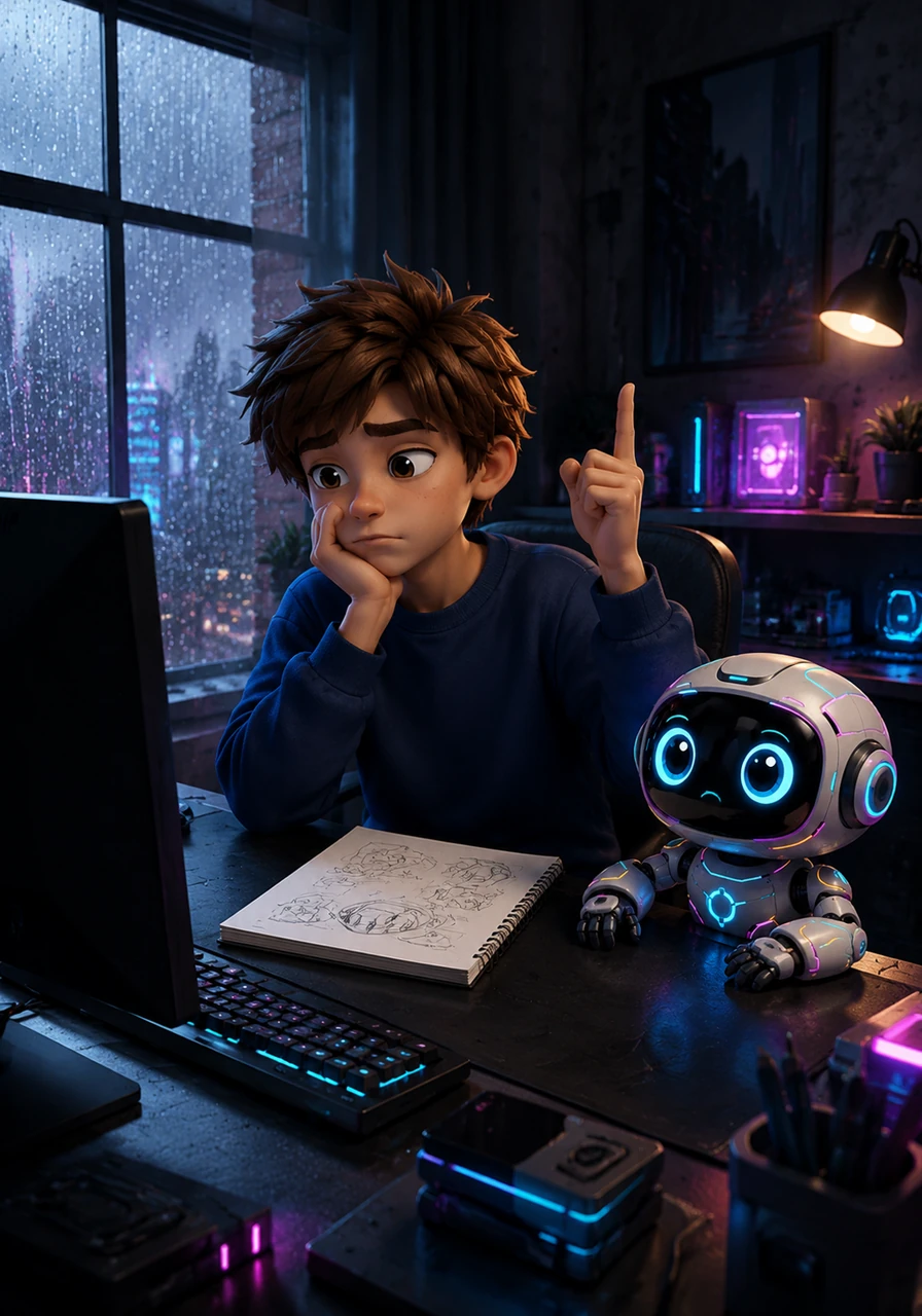 Leo stared at his blank computer, bored and stuck indoors on a grey, rainy day. Suddenly, an idea sparked, and he reached for a spiral-bound notebook to capture a wild thought.