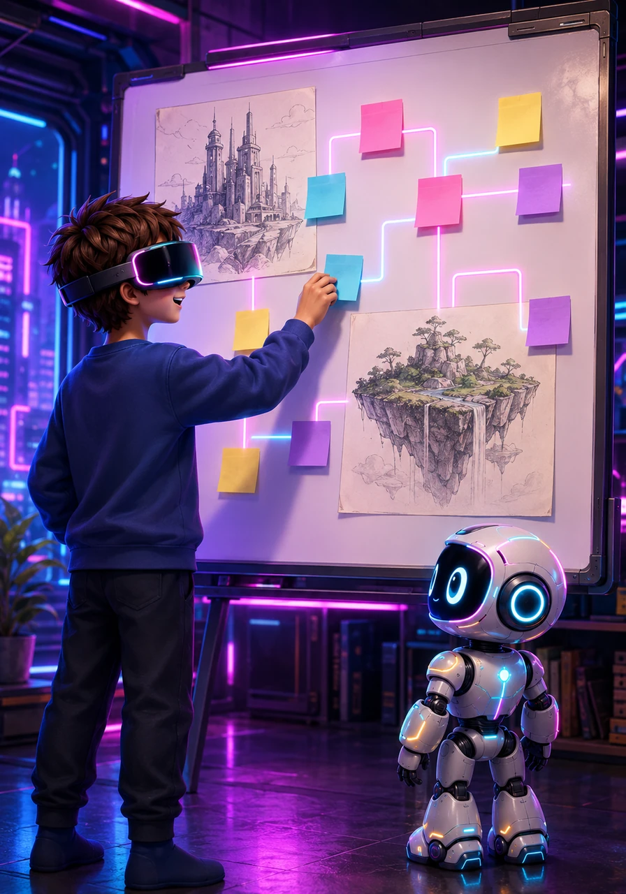 Leo cleared a whiteboard, organizing his favorite sketches into a vibrant flow-chart. Colored sticky notes marked different areas, connecting a castle to a garden on an island in the sky.