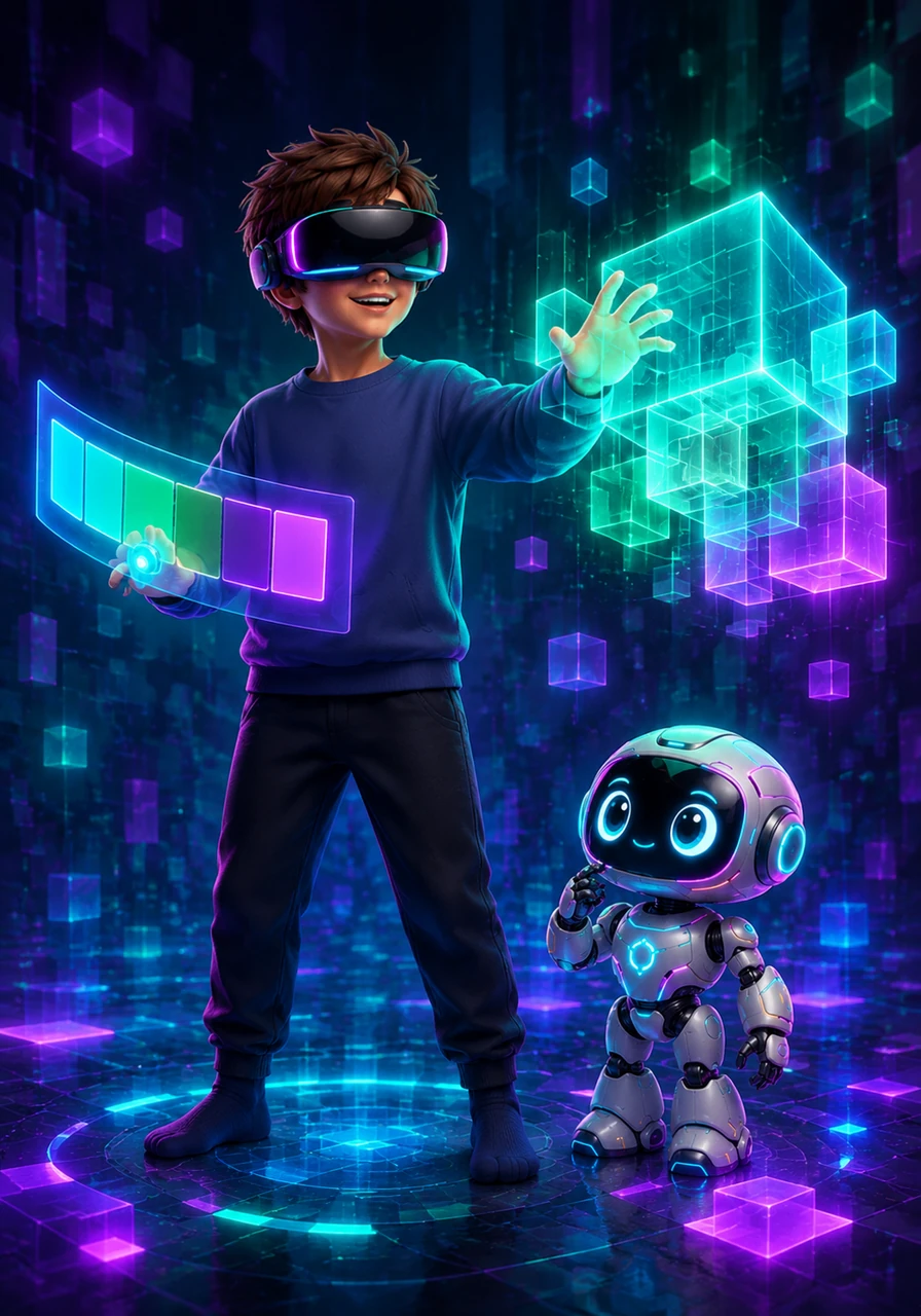 In a glowing digital void, Leo used a palette tool to select a harmonious blend of teal, green, and deep purple. These would be the colors of his 3D world.