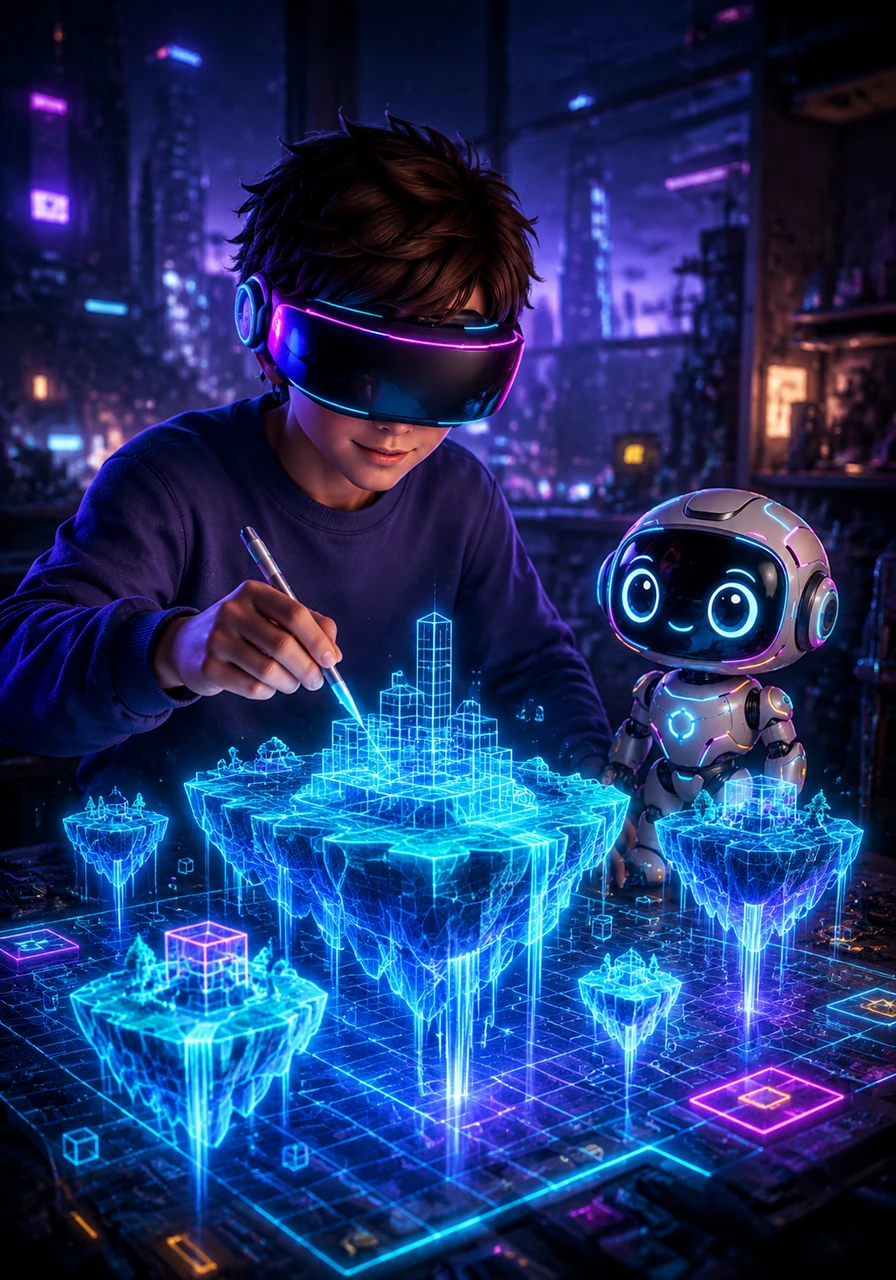 With a virtual stylus, Leo traced glowing geometric lines across a digital canvas, building the wireframe base of his floating islands. His face was set in deep concentration as he defined the structure.
