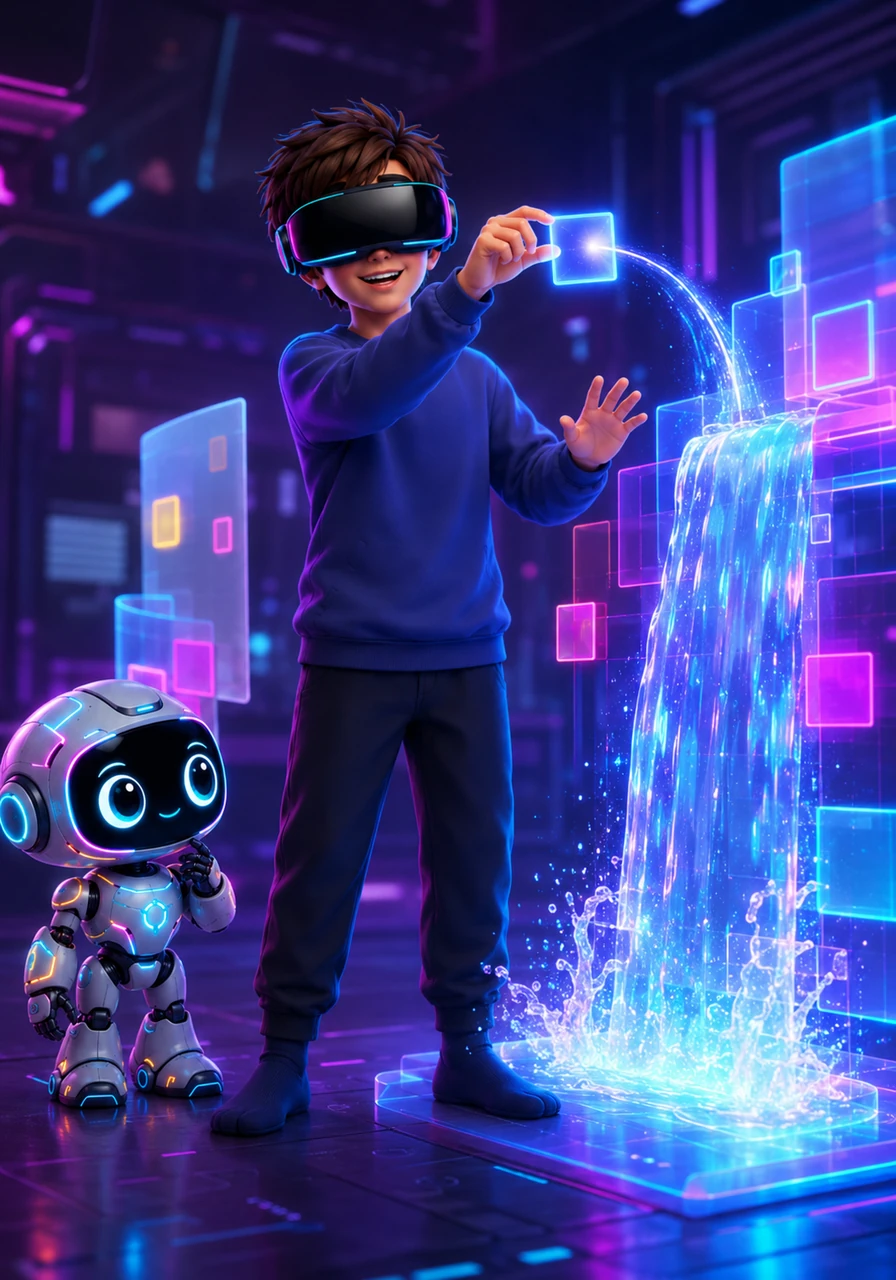 Then came the magic of coding, where Leo connected code blocks to make the world interactive. He smiled as he dragged a stylized logical connector, programming a tiny waterfall to splash.